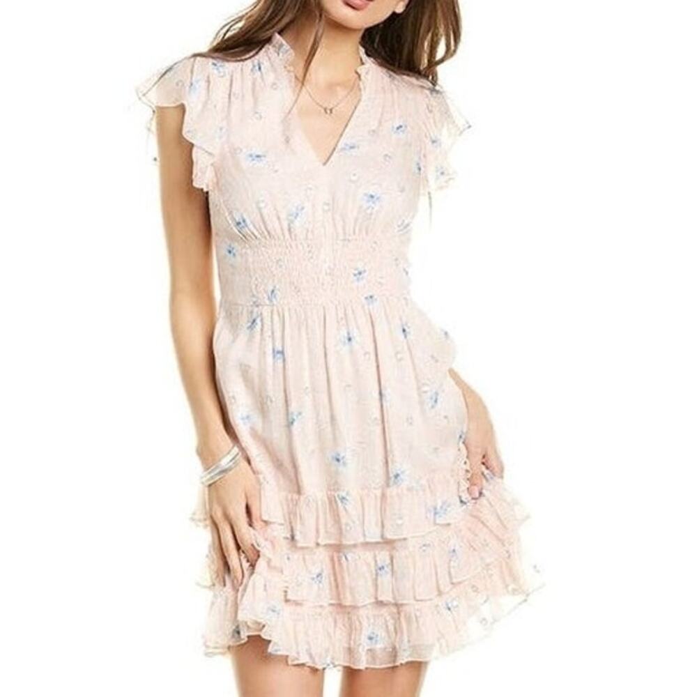 NEW Rebecca Taylor Peach Silk V-Neck Floral Smocked Flutter Sleeve Mini Dress